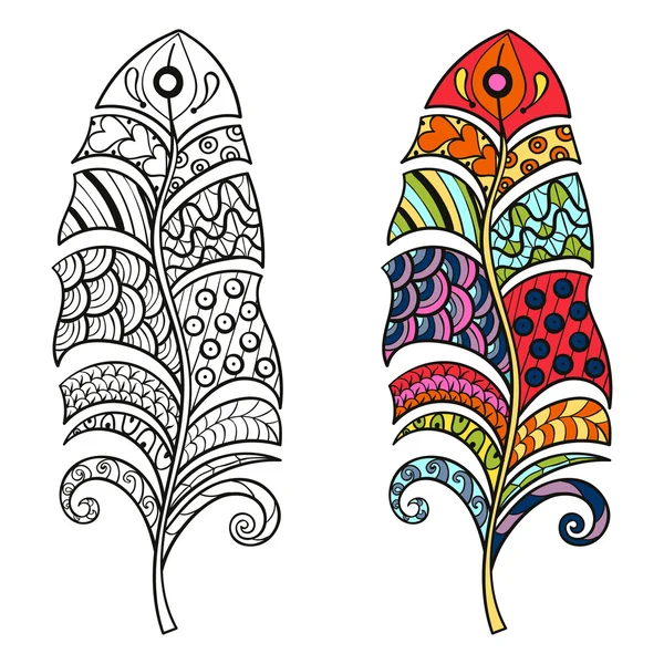 Zentangle estilizado color tribal y plumas monocromas para colo — Archivo Imágenes Vectoriales