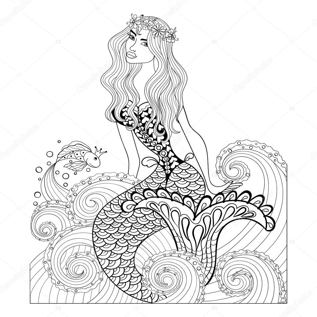 Fantastic mermaid in sea waves with a goldfish and wreath on the