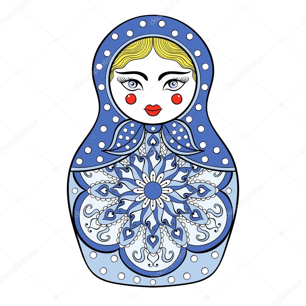 Zentangle stylized elegant Russian doll, Matryoshka doll in Gzhe