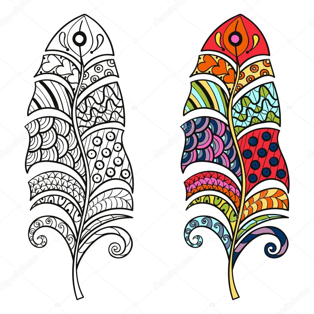 Zentangle stylized tribal color and monochrome feathers for colo