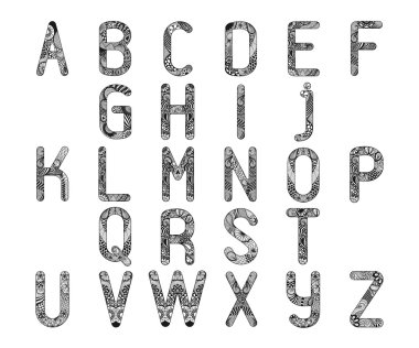 Zentangle stylized alphabet. Lace letters in doodle style. Hand