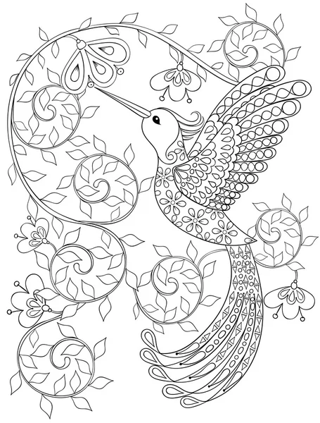 Coloring page with Hummingbird, zentangle flying bird  for adult — 스톡 벡터