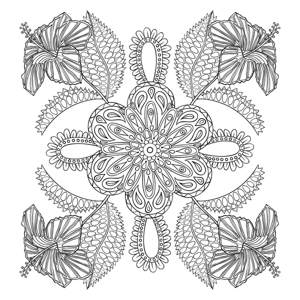 Coloring page with exotic flowers brunch, zentangle illustartion — Stock Vector