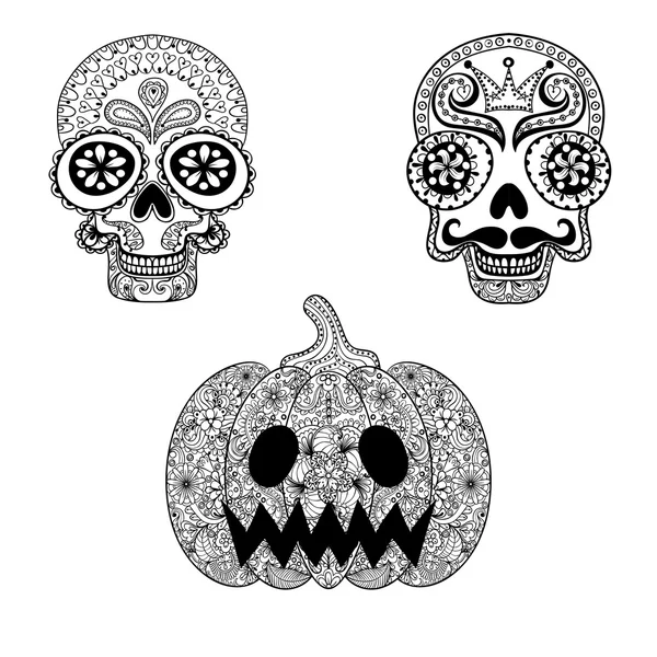 Hand drawn Skulls and Pumpkin in zentangle style, Halloween tote — Wektor stockowy