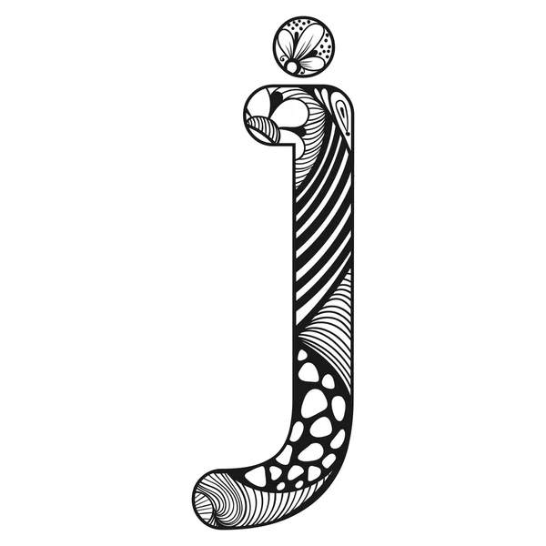 Alphabet stylisé Zentangle. Dentelle lettre J en style doodle. Main droite — Image vectorielle