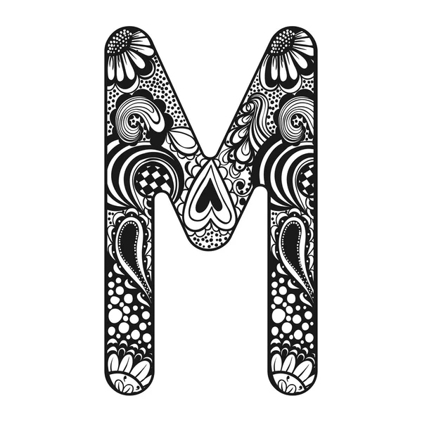 Zentangle stylized alphabet. Lace letter M in doodle style. Hand — 图库矢量图片