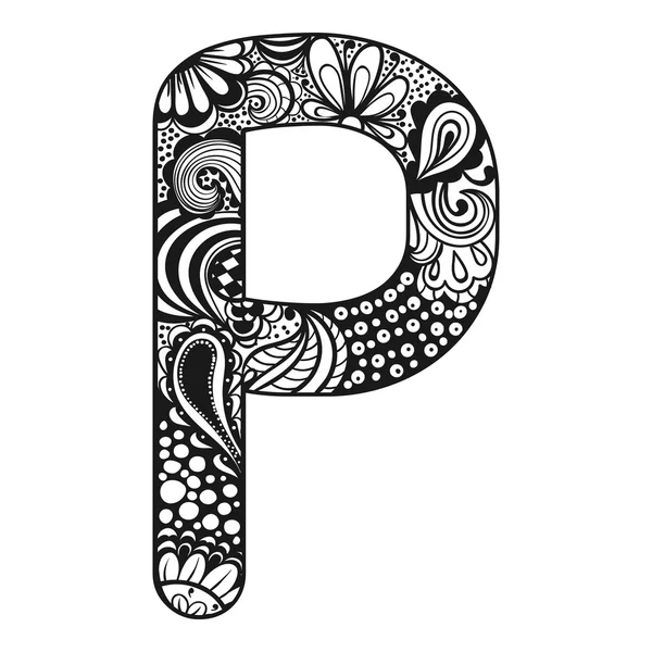 Zentangle stylized alphabet. Lace letter P in doodle style. Hand — ストックベクタ