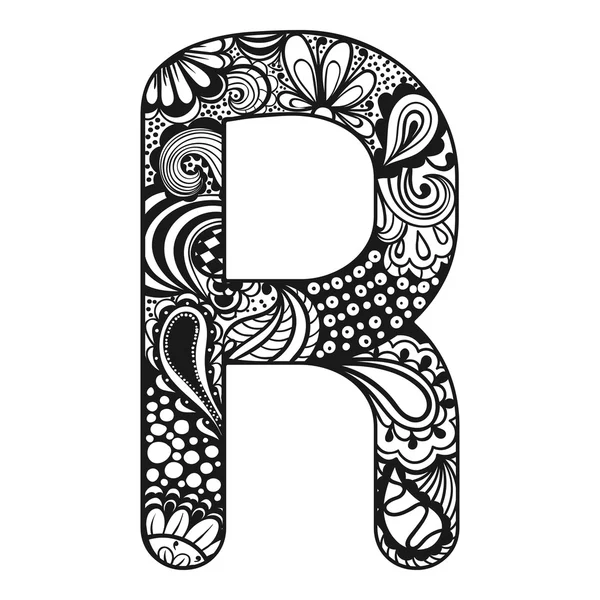 Zentangle stylized alphabet. Lace letter R in doodle style. Hand — ストックベクタ