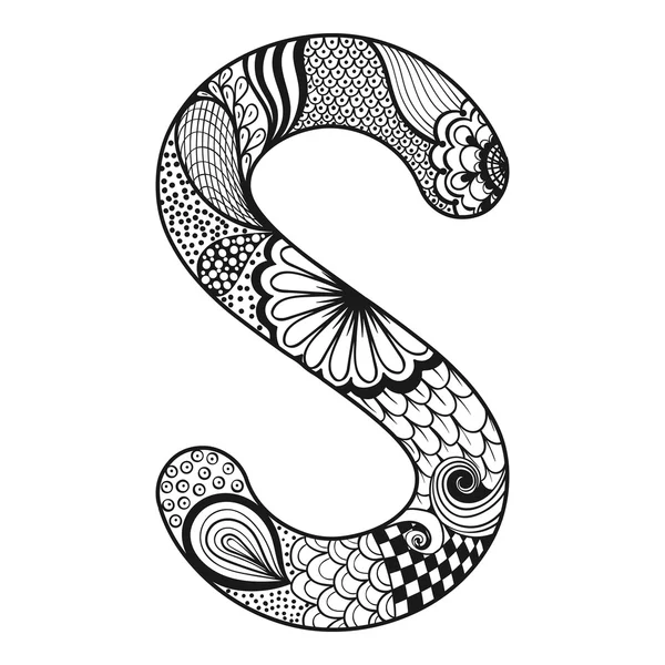 Zentangle stylized alphabet. Lace letter S in doodle style. Hand — Stock vektor