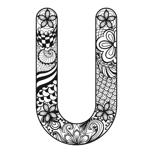 Zentangle stylized alphabet. Lace letter U in doodle style. Hand — 图库矢量图片