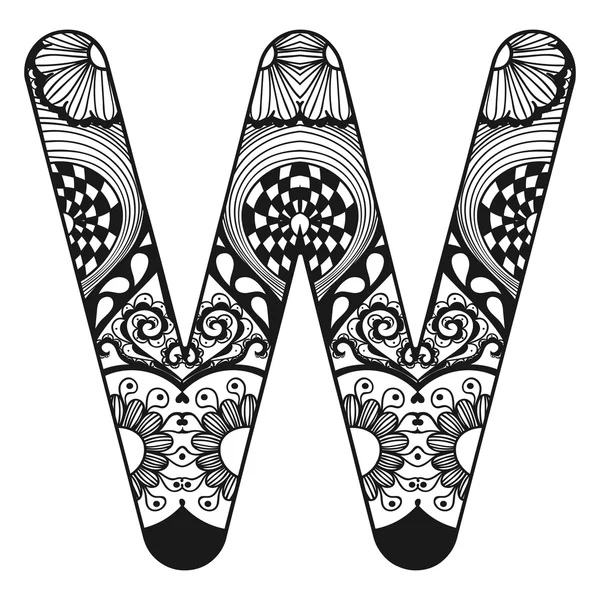 Zentangle stylized alphabet. Lace letter W in doodle style. Hand — Stock Vector