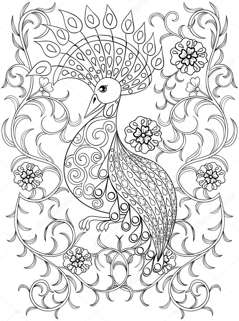 Coloring page with Bird in flowers, zentangle illustartion bird