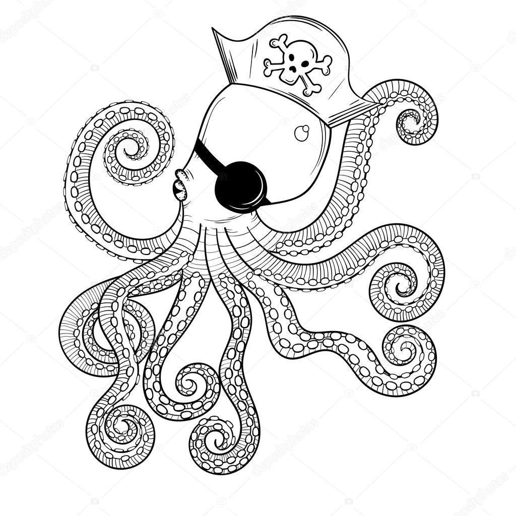 Hand drawn Octopuss like pirate, animal totem for adult Coloring