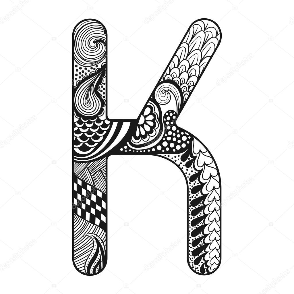 Zentangle stylized alphabet. Lace letter K in doodle style. Hand