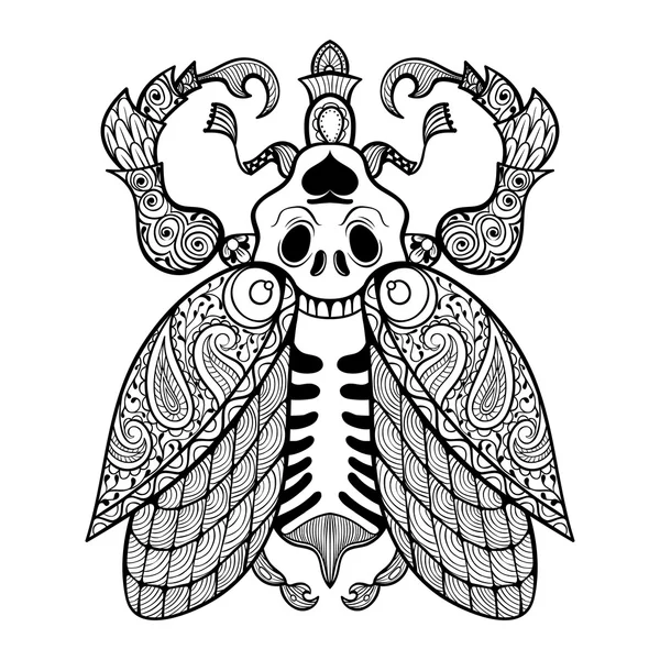 Coloring page of Bug with skull, zentangle illustartion tribal t — Stock Vector