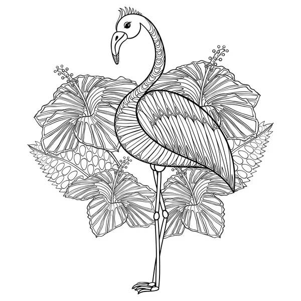 Desenho para colorir com Flamingo em hibiskus, zentangle illustartion — Vetor de Stock