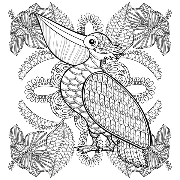 Coloring page with Pelican in hibiskus flowers, zentangle illust — Stock Vector