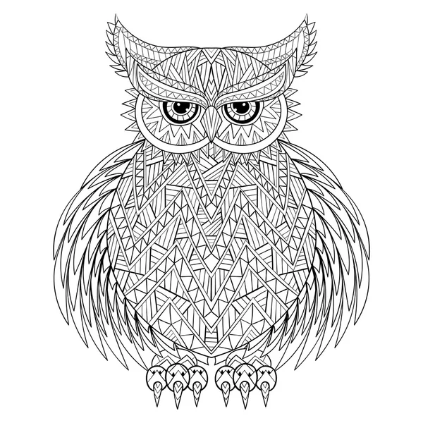 Búho zentangle dibujado a mano, tótem de pájaro para adultos Página para colorear en — Vector de stock