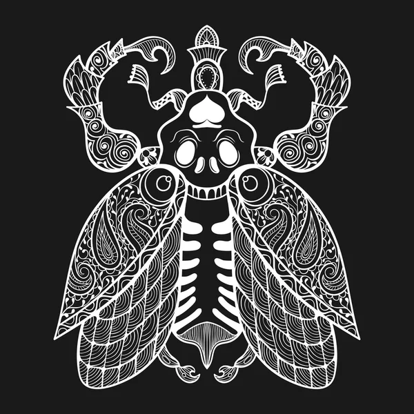 Käfer mit Totenkopf, einfarbige Illustration Stammestotem i — Stockvektor