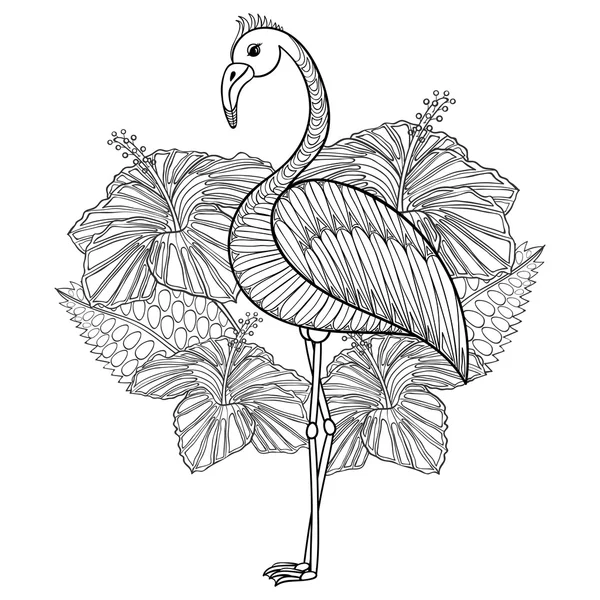 Desenho para colorir com Flamingo em hibiskus, zentangle illustartion Vetores De Stock Royalty-Free