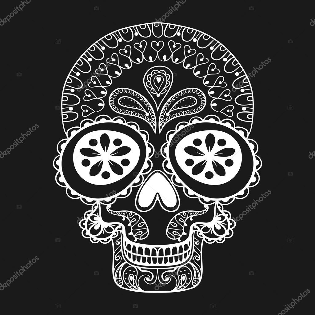 Teschio disegnato a mano in stile zentangle totem tribali per tatuaggio pagine da colorare adulti dettagli alti isolati su priorit  bassa nera dei raggi x