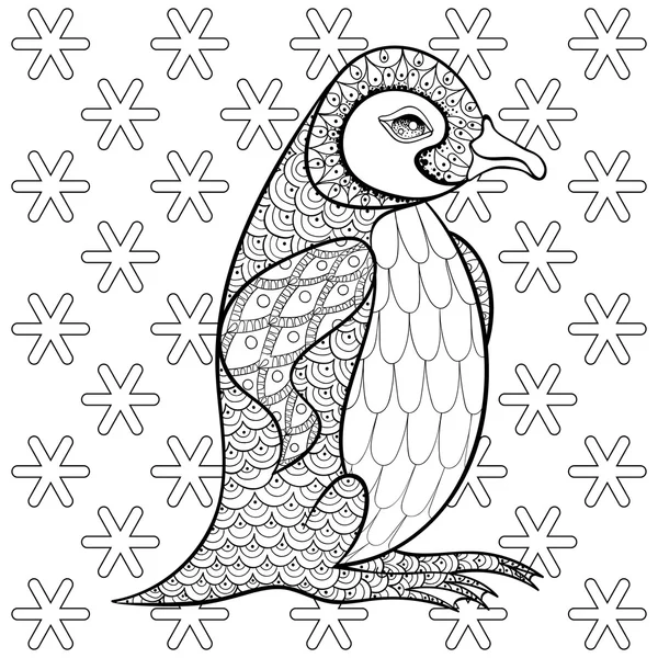 Coloring pages with King Penguin among snowflakes, zentangle ill — Διανυσματικό Αρχείο