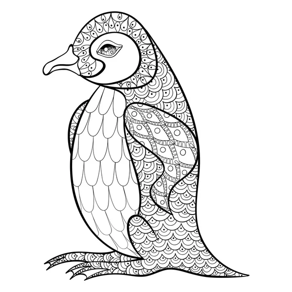 Dibujos para colorear con King Penguin, zentangle illustartion para adu — Vector de stock