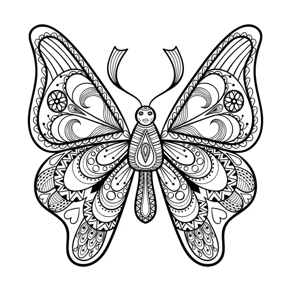 Zentangle vector black Butterfly for adult anti stress coloring — ストックベクタ