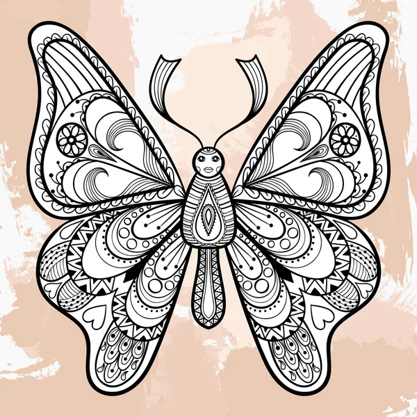 Zentangle vector negro mariposa, diseño del tatuaje. Tribulación ornamental — Vector de stock