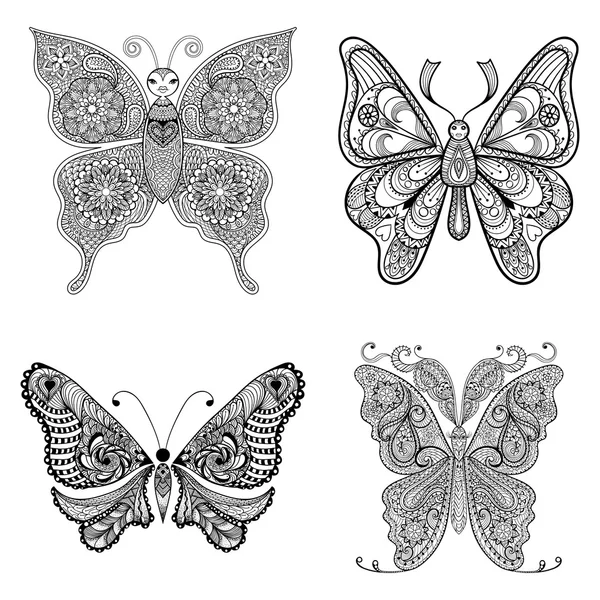 Zentangle vector black Butterflies set  for adult anti stress co — Stok Vektör