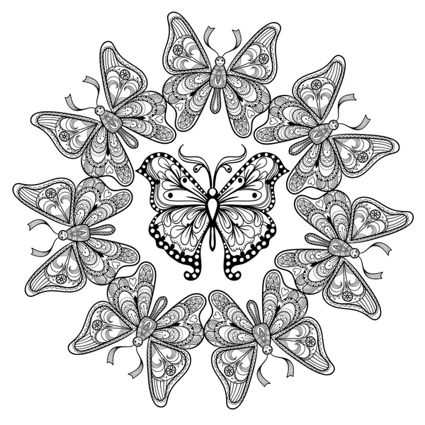 Zentangle vector circle of flying Butterflies for adult anti str — ストックベクタ