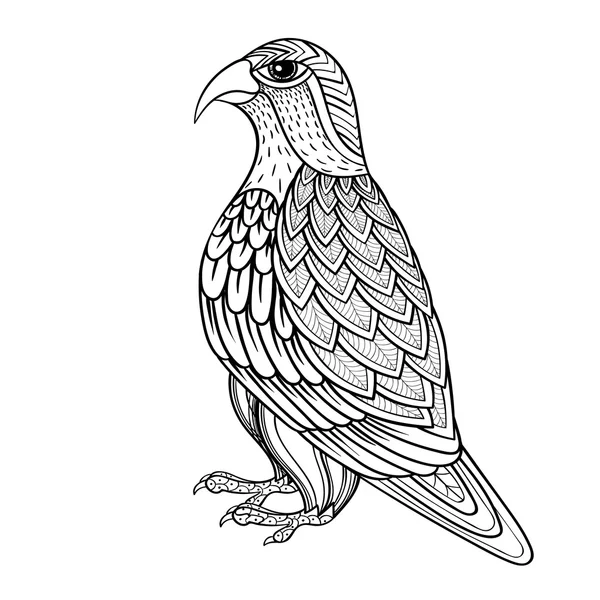 Zentangle vector halcón, halcón pájaro de presa, depredador para adultos — Vector de stock