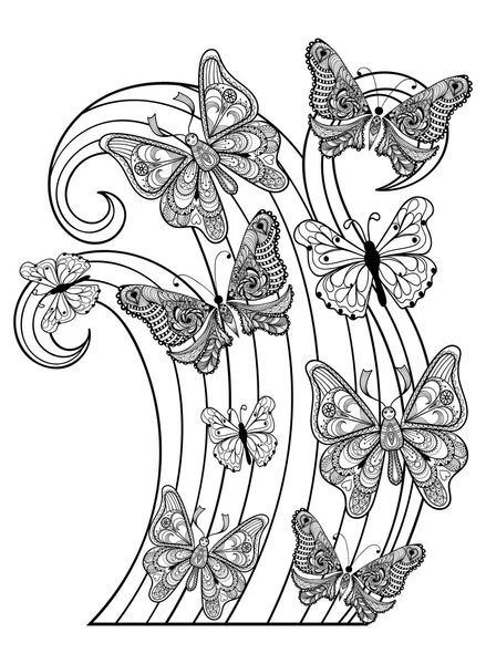 Zentangle vector flying Butterflies for adult anti stress colori — Stock Vector