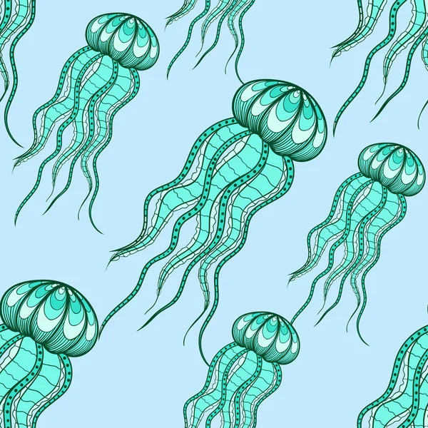 Zentangle vector green Jellyfish seamless pattern. Ornamental tr — 图库矢量图片
