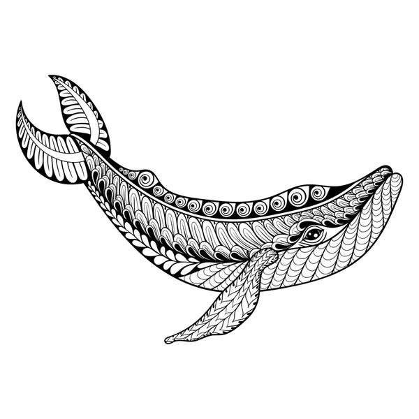 Zentangle vector Whale for adult anti stress coloring pages. Orn — Stock Vector