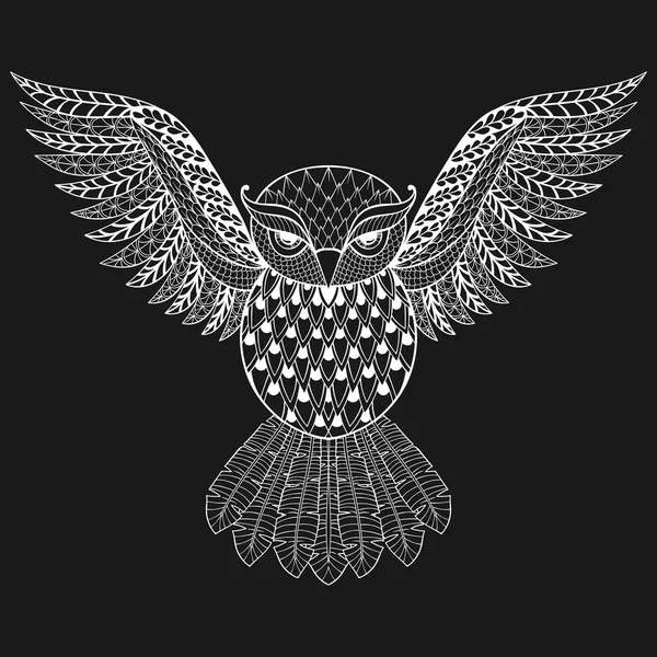 Zentangle vector white Owl for adult anti stress coloring pages. — Stock Vector