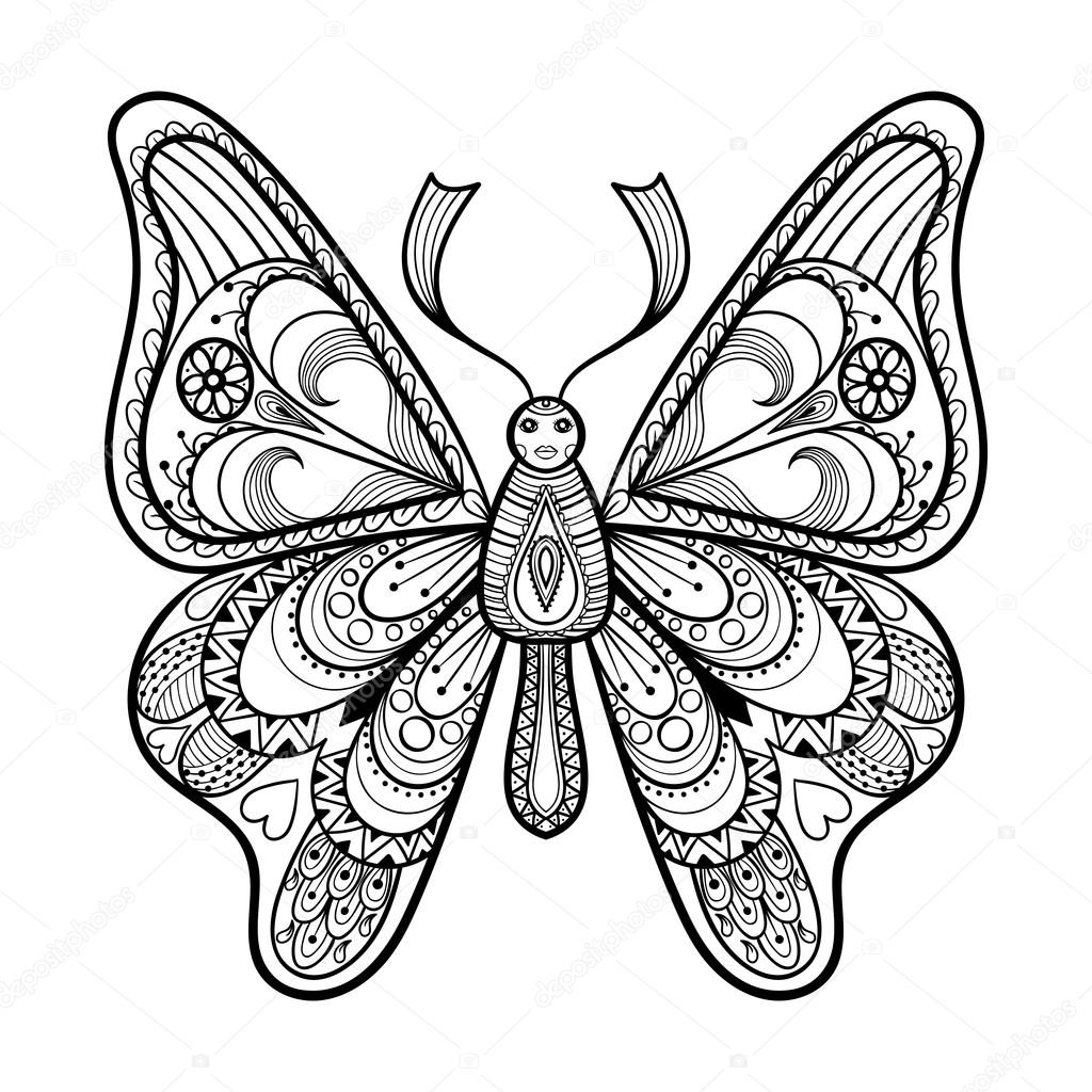 Zentangle vector black Butterfly for adult anti stress coloring 