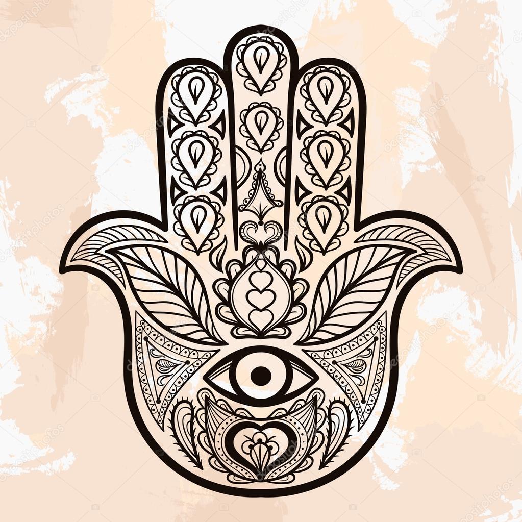 Zentangle vector Hamsa Hand, tattoo in boho style, religion spir