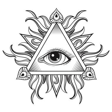Vector All seeing eye pyramid symbol in tattoo engraving design.