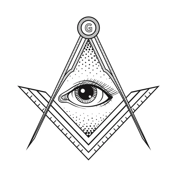 Cuadrado masónico y símbolo de la brújula con el ojo que todo lo ve, Freemaso — Vector de stock