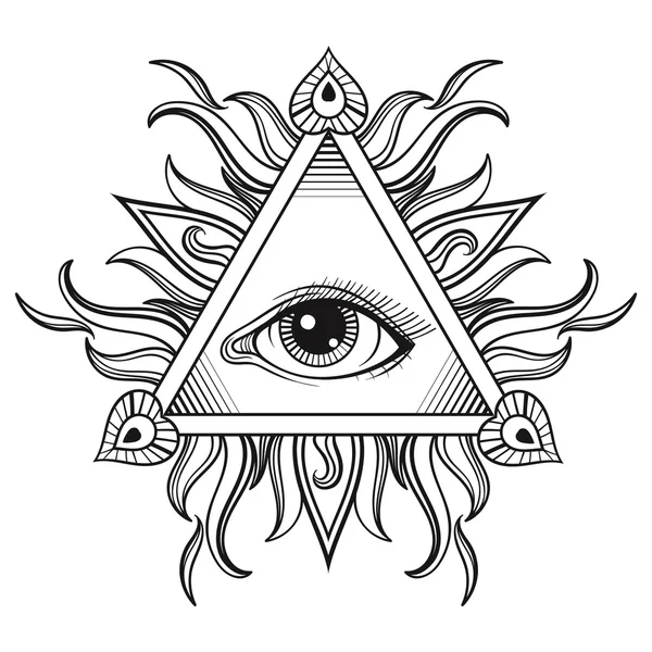 Vector All seeing eye pyramid symbol in tattoo engraving design. — Stock Vector