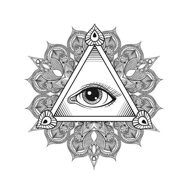 Vector Toate văzând simbolul piramidei ochilor. Design de tatuaje. Vintage han — Vector de stoc