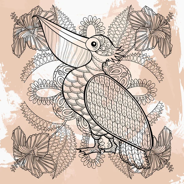 Vettore di Zentangle Pelican nei fiori di ibisco, disegno del tatuaggio. Ornamento — Vettoriale Stock