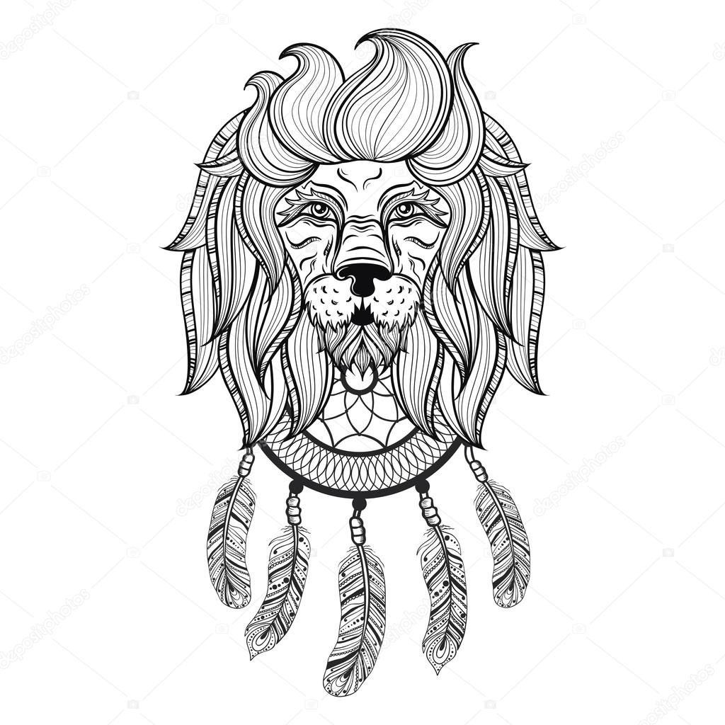 Vector ornamental Lion with dreamcatcher, ethnic patterned head.
