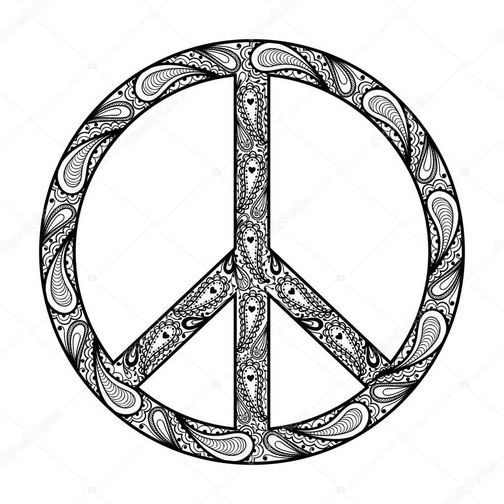 Peace Sign, Zentangle black symbol, tattoo design in Hippie dood