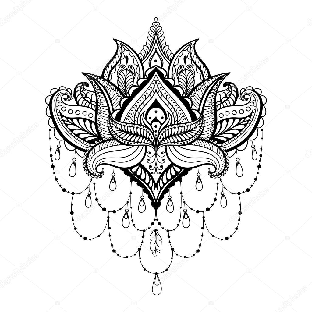 Vector ornamental Lotus, ethnic zentangled henna tattoo, pattern
