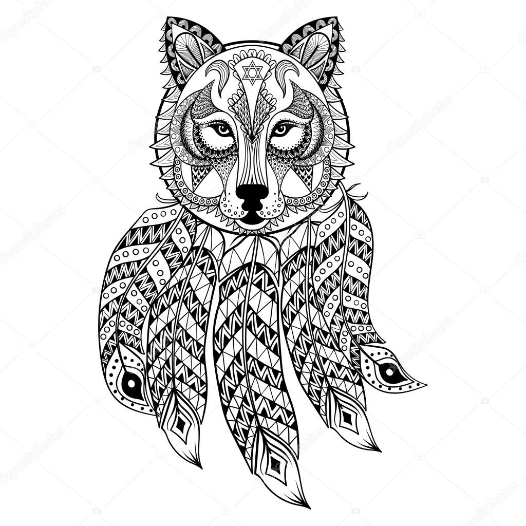 Vector ornamental Wolf with dreamcatcher, ethnic zentangled masc