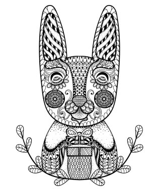 Hand drawn Easter Rabbit with gift in doodle, zentangle style fo