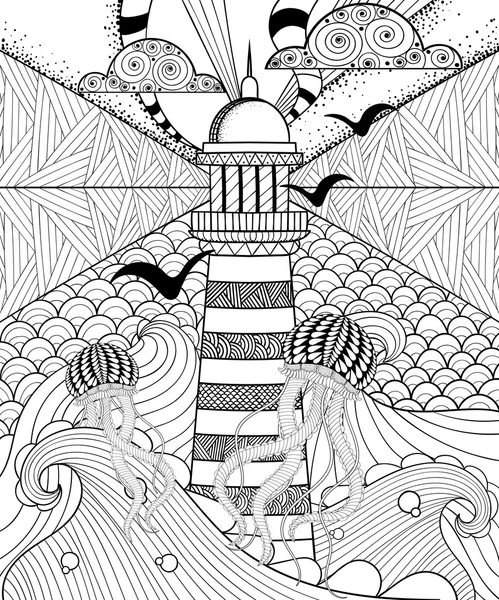 Hand drawn adult coloring page, artistically Sea with ethnic Lig — Stock Vector