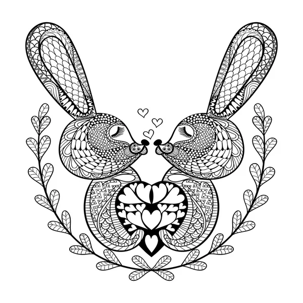 Hand drawn lovely rabbit for St. Valentine's day in doodle, zent — Stock vektor